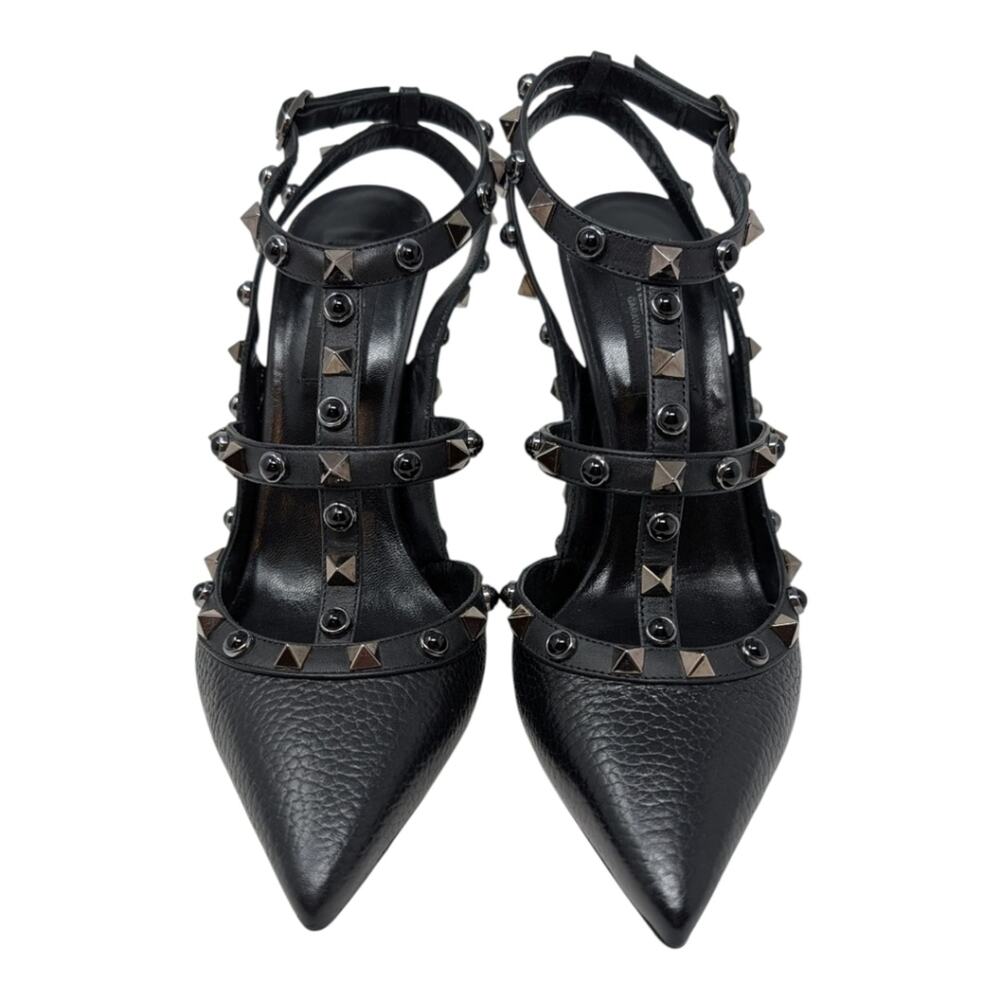 Valentino Pebbled Leather Onyx Rockstud Rolling Ankle Strap 100mm Pump Black 37 - Picture 7 of 12